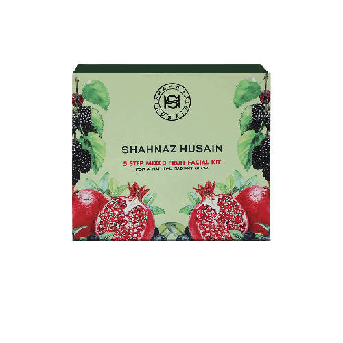 Boxed Shahnaz Husain 5 Step Mixed Fruit Facial Kit with images of pomegranate and other fruits on the front.