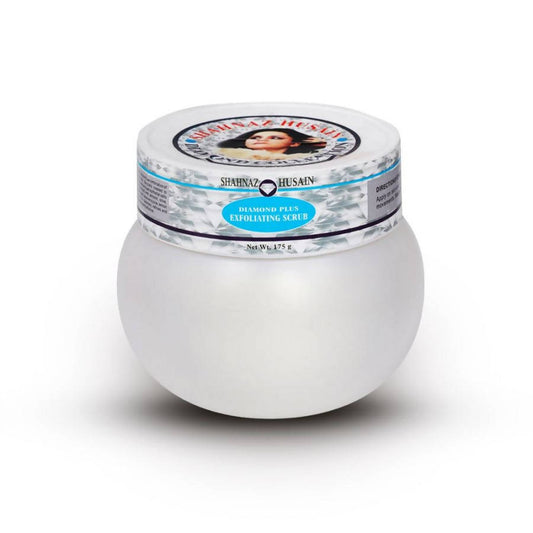 Jar of Shahnaz Husain diamond peel exfoliating scrub on a white background