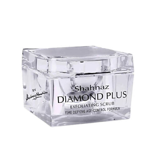 Clear jar of Shahnaz Diamond Plus Exfoliating Scrub on a white background