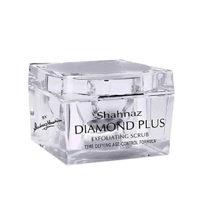 Clear jar of Shahnaz Diamond Plus Exfoliating Scrub on a white background