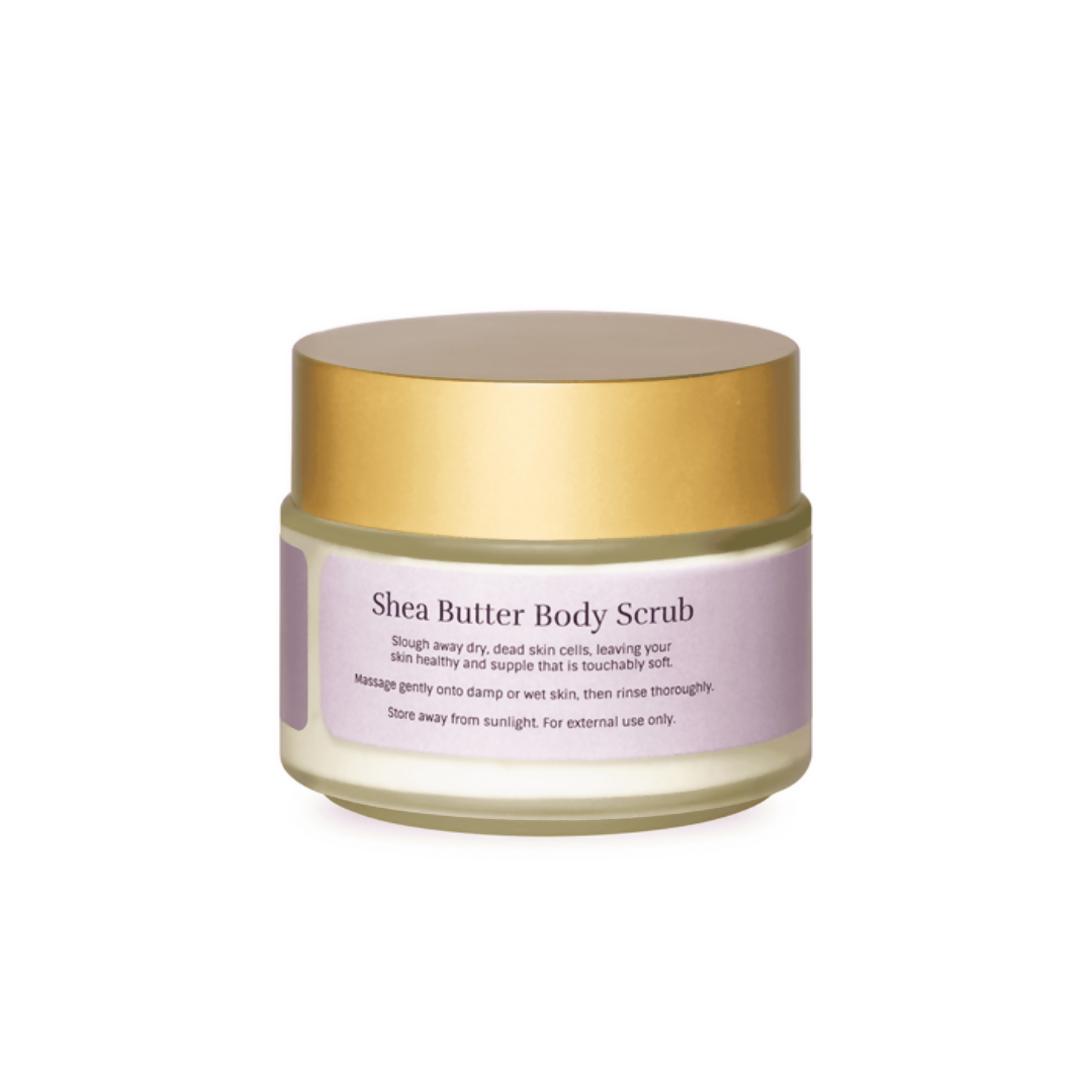 Shea Butter Body Scrub jar with gold lid on a white background