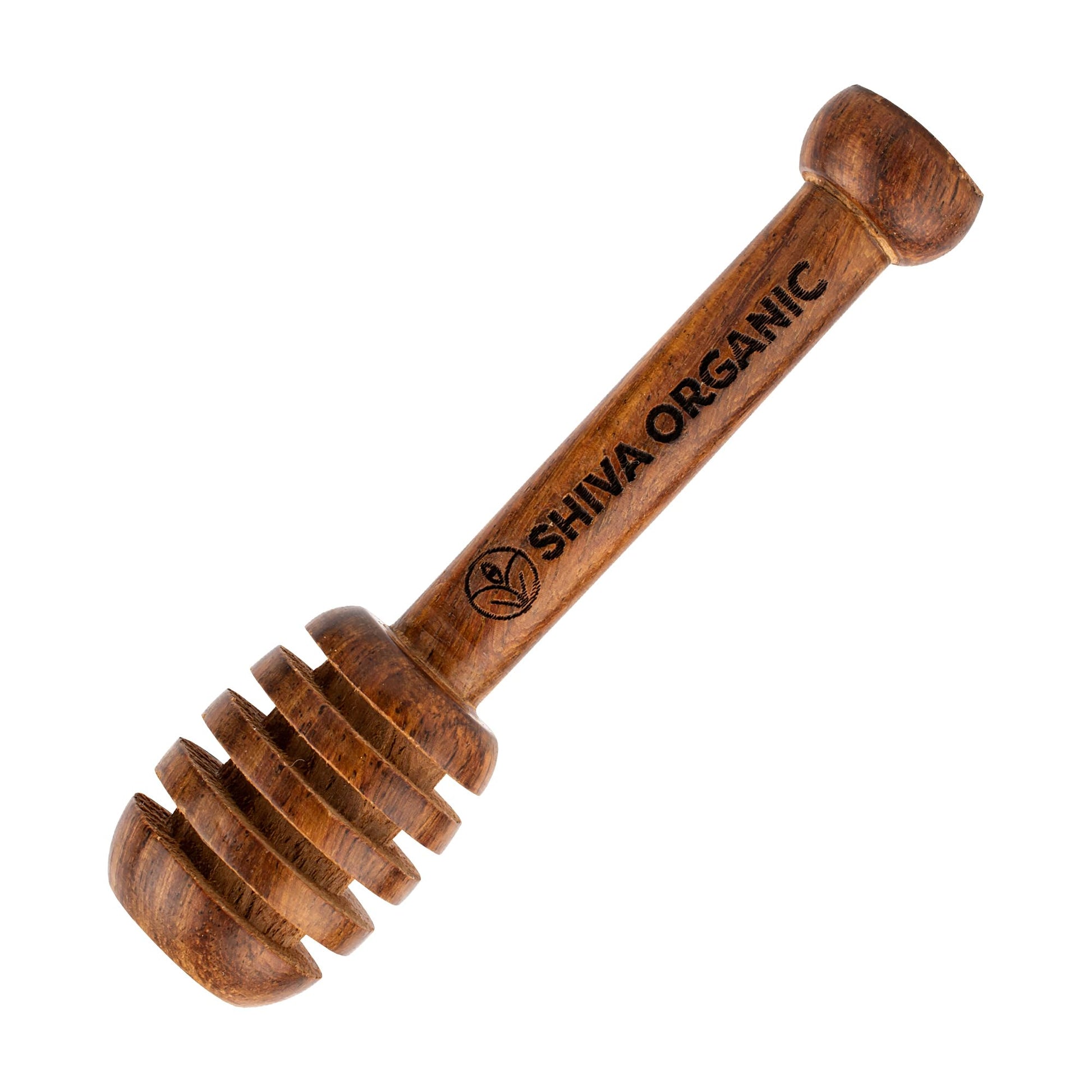 Wooden honey dipper with 'Shiva Organic' branding on a white background