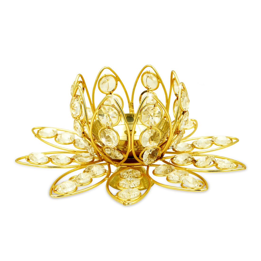Gold decorative candle holder with crystal-like stones on a white background