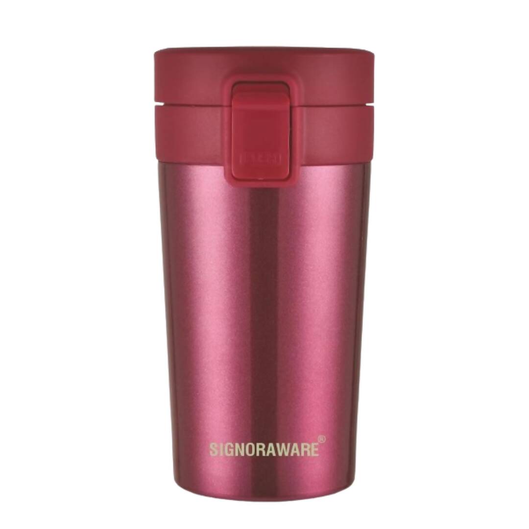 Pink insulated mug with a red lid on a white background