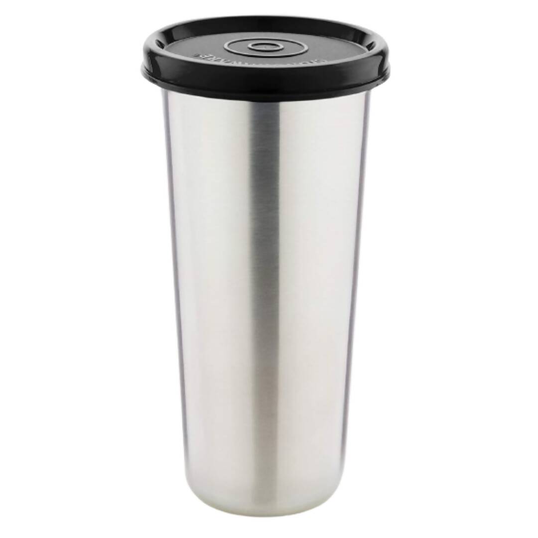 Stainless steel tumbler with a black lid on a white background