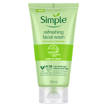 Green tube of Simple refreshing facial wash on a white background