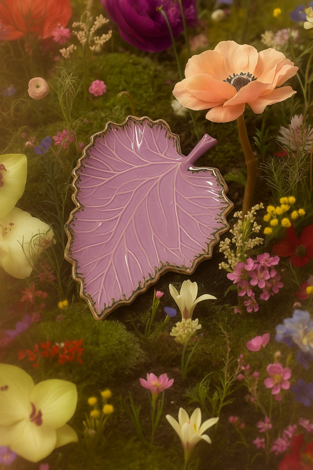 Purple leaf-shaped object among colorful flowers