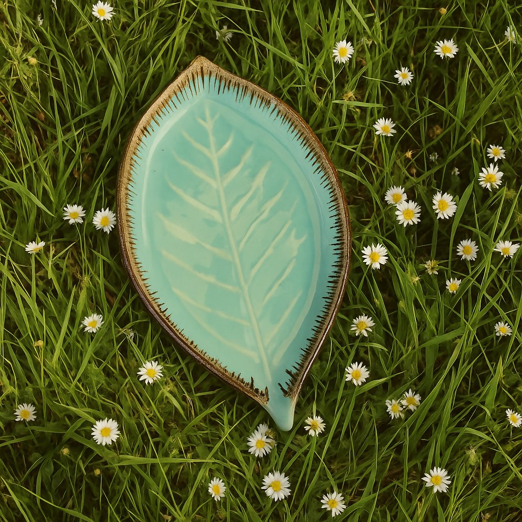 Ceramic leaf-shaped dish on grass with daisies