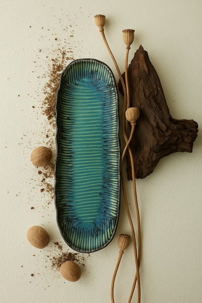 Green ceramic dish on a textured surface with natural elements