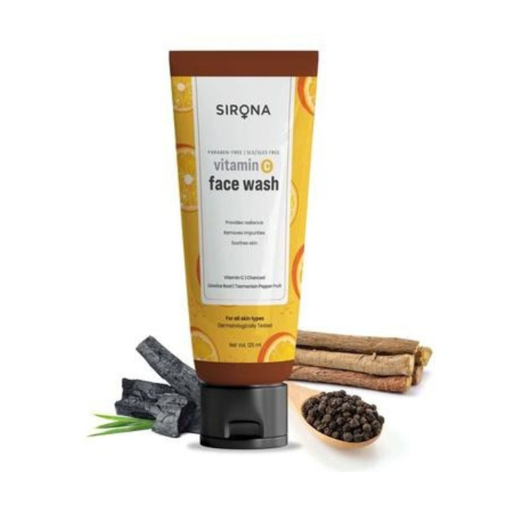Sirona vitamin C face wash tube with ingredients on a white background