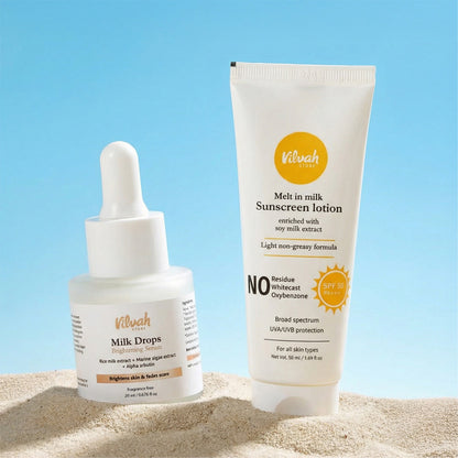 Two skincare products, a dropper bottle and a tube of sunscreen lotion, on a sandy surface with a clear blue sky.