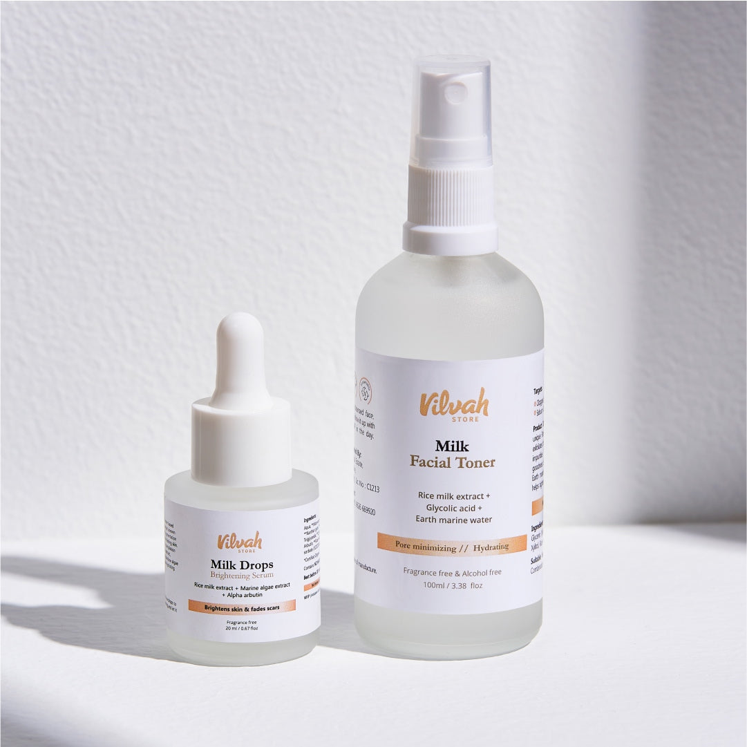 Two skincare products, 'Milk Drops' and 'Milk Facial Toner', from Vilvah on a light background.