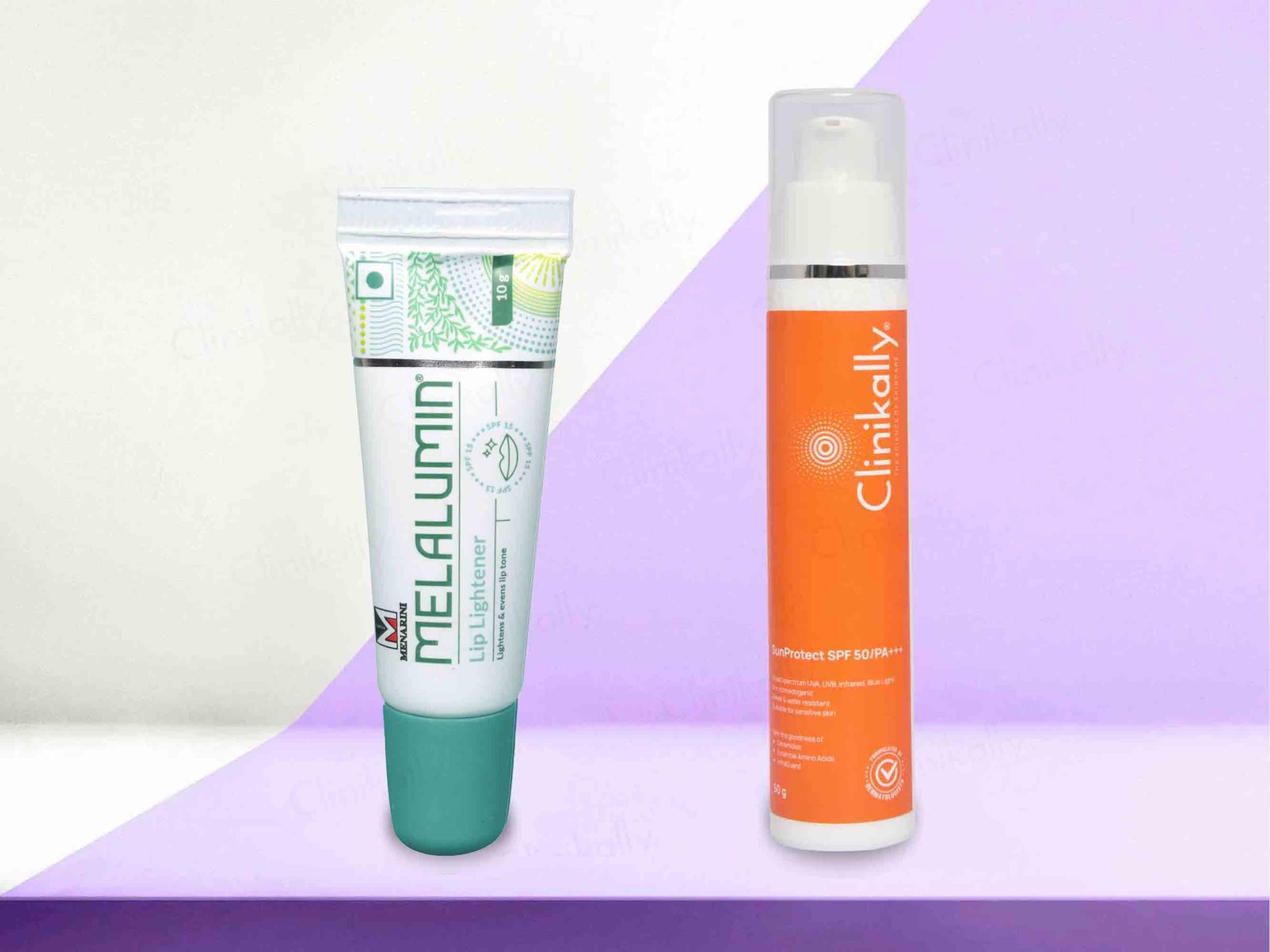 Two skincare products, MELALUMIN and Clinikally, on a gradient background.