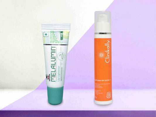 Two skincare products, MELALUMIN and Clinikally, on a gradient background.