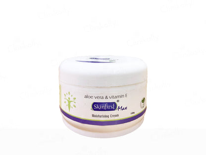 Skincare cream jar with 'Skinfirst Max' branding on a white background