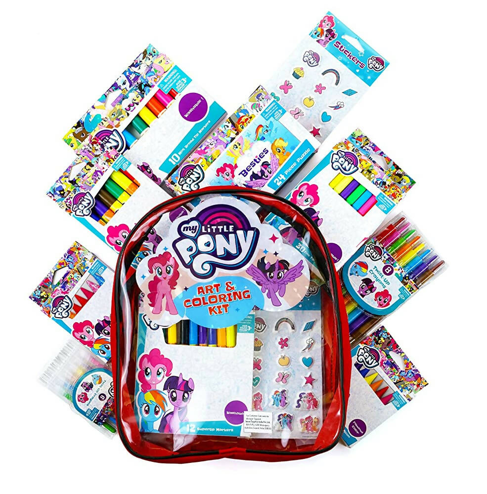 My Little Pony art and coloring kit with backpack and supplies on a white background