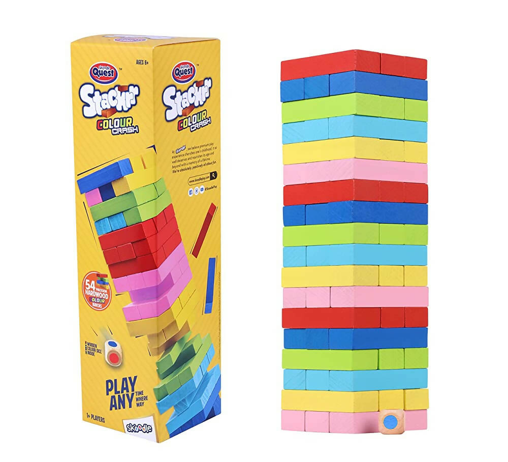 Colorful building blocks with Questi branding next to its packaging on a white background