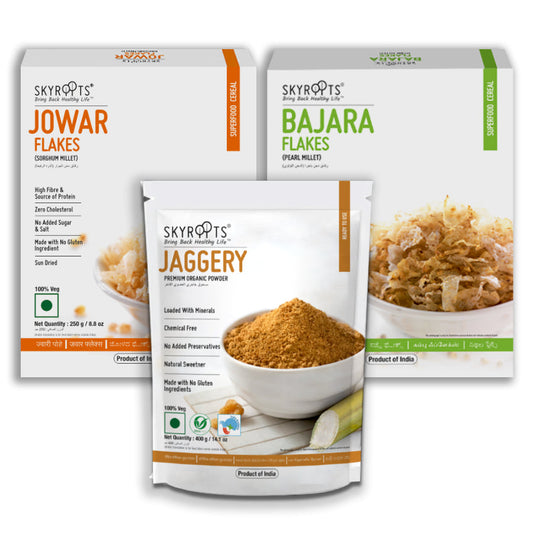 Skyroots Jowar Flakes, Bajara Flakes, and Jaggery packages on a white background