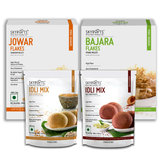 Four packages of Skyroots food products including Jowar Flakes, Bajara Flakes, and Idli Mix on a white background.