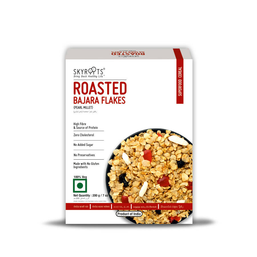 Package of Roasted Bajara Flakes with a bowl of flakes on a white background