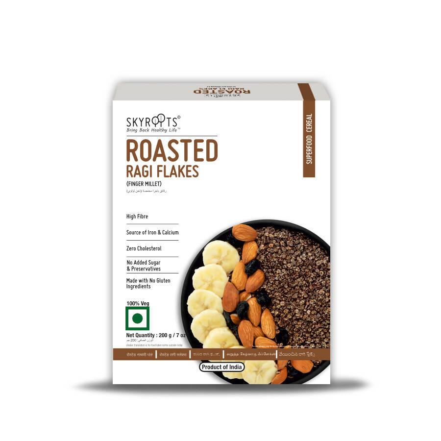 Package of Skyropis Roasted Ragi Flakes with a bowl of flakes and fruits on a white background