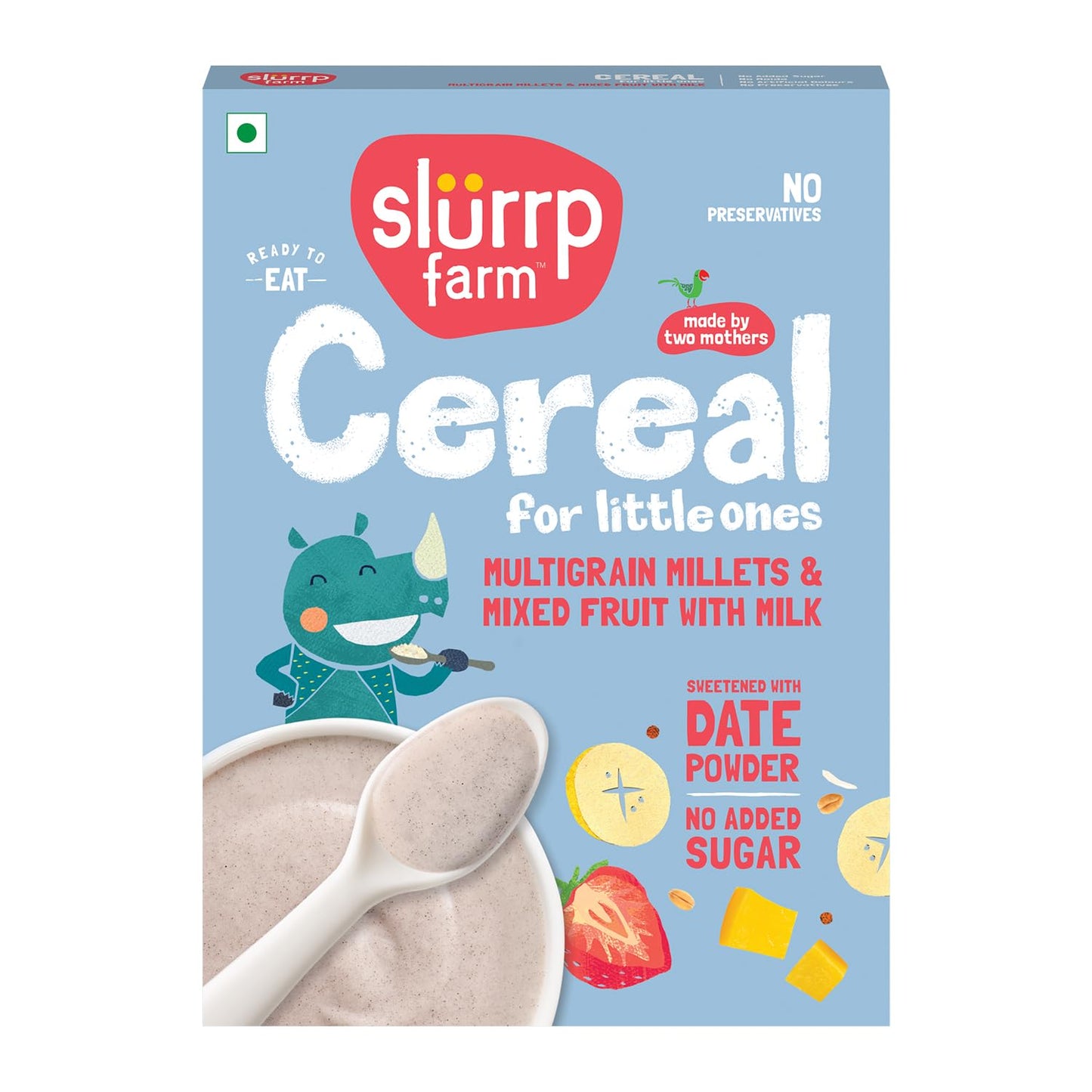 Slurrrp farm cereal box with cartoon rhino and product details on a blue background
