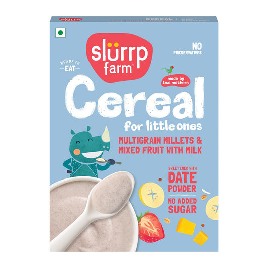 Slurrrp farm cereal box with cartoon rhino and product details on a blue background