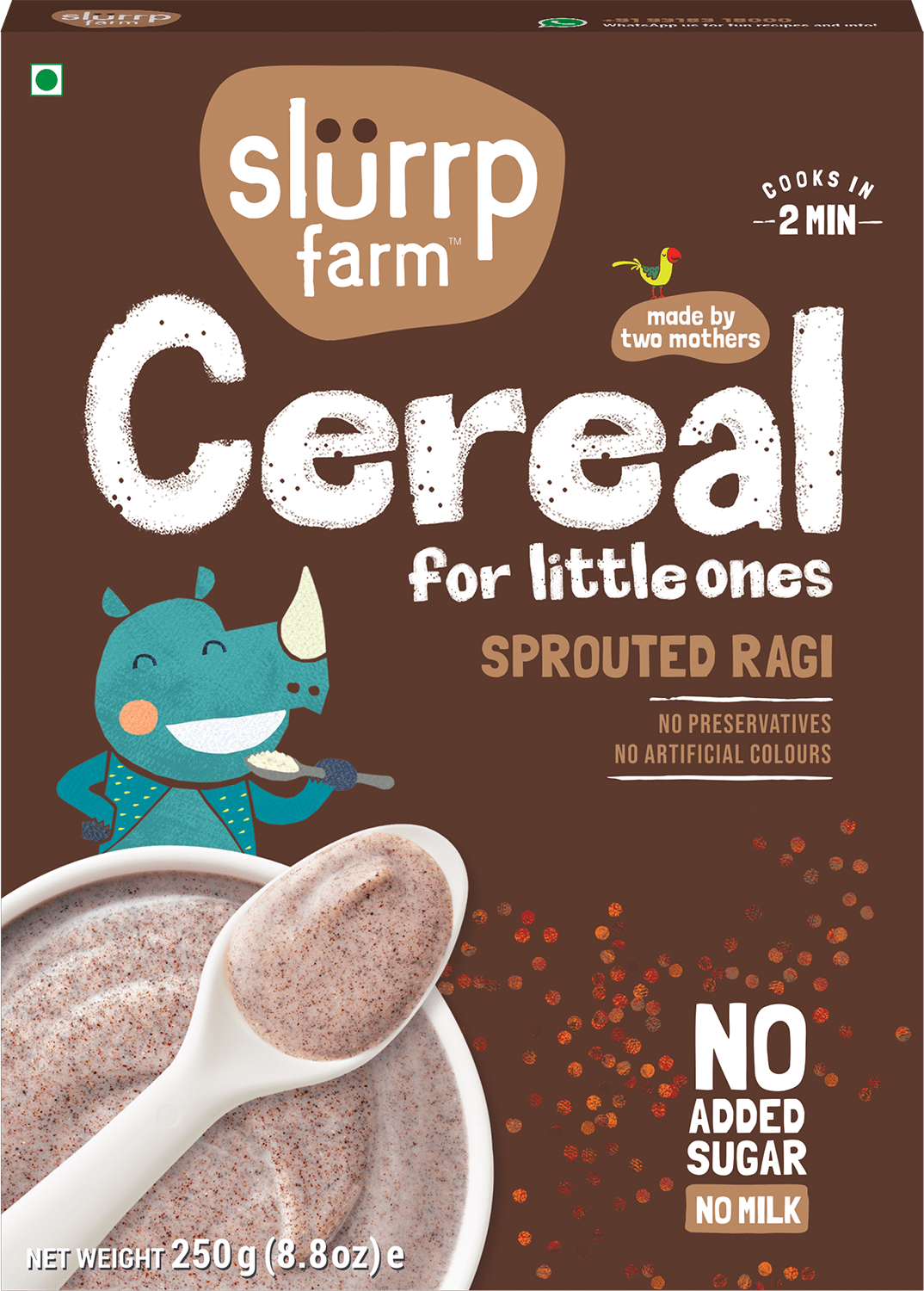 Slurrp Farm cereal packaging with a rhino character and text about sprouted ragi cereal.