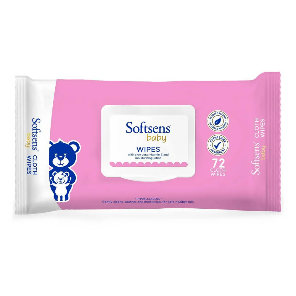 Pink package of Softsens baby wipes on a white background