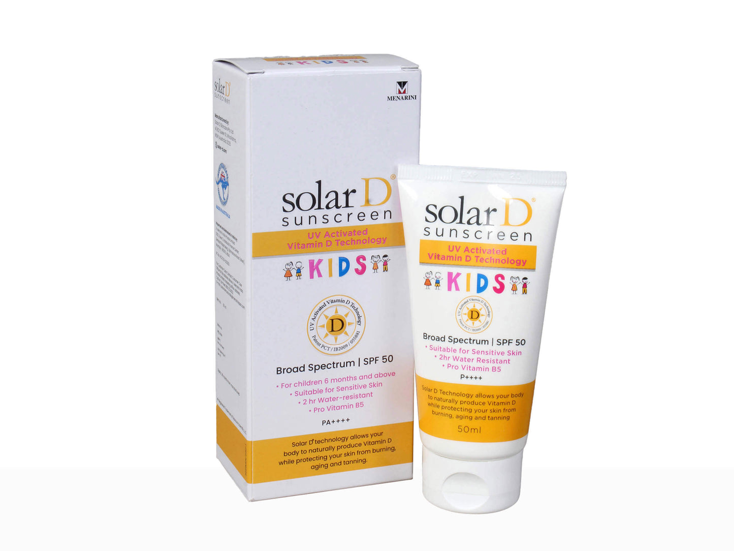Solar D sunscreen for kids with packaging on a white background