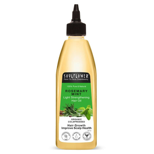 Soulflower Rosemary Mint Light Strengthening Hair Oil bottle on a white background