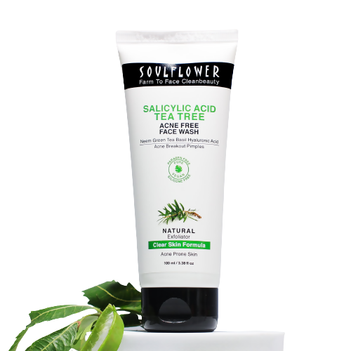 Soulflower Salicylic Acid Tea Tree Acne Free Face Wash tube with green leaves on a white background