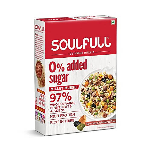 Soulfull millet muesli box with nutritional information on a white background