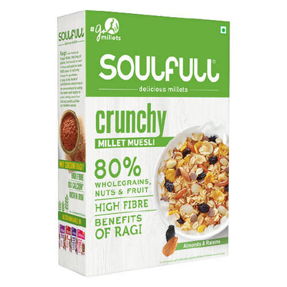 Soulfull Crunchy Millet Muesli packaging with green and white design