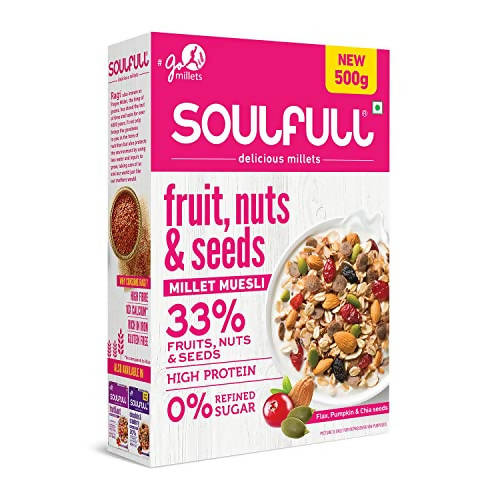 Box of Soulfull fruit, nuts & seeds millet muesli on a white background
