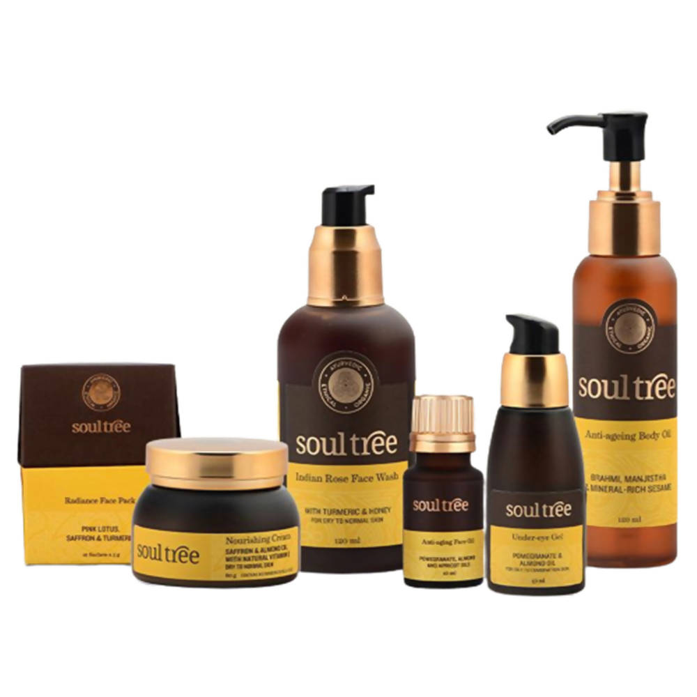 Collection of Soul Tree skincare products on a white background