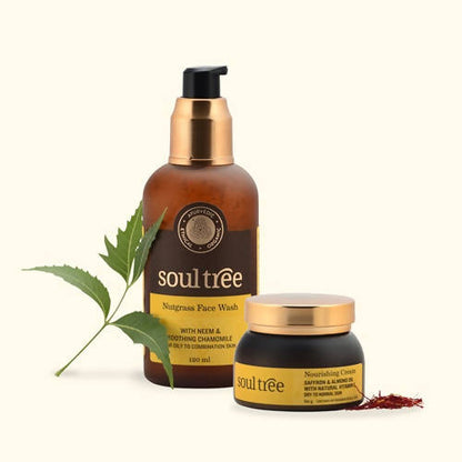Soultree face wash and cream with a leaf on a white background