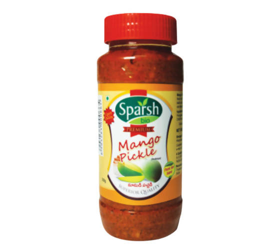 Jar of Sparsh Mango Pickle with a red lid on a white background