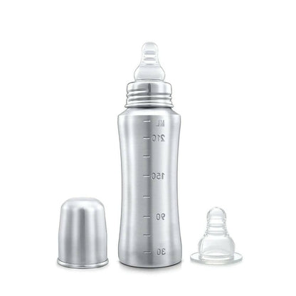 Silver baby bottle with accessories on a white background