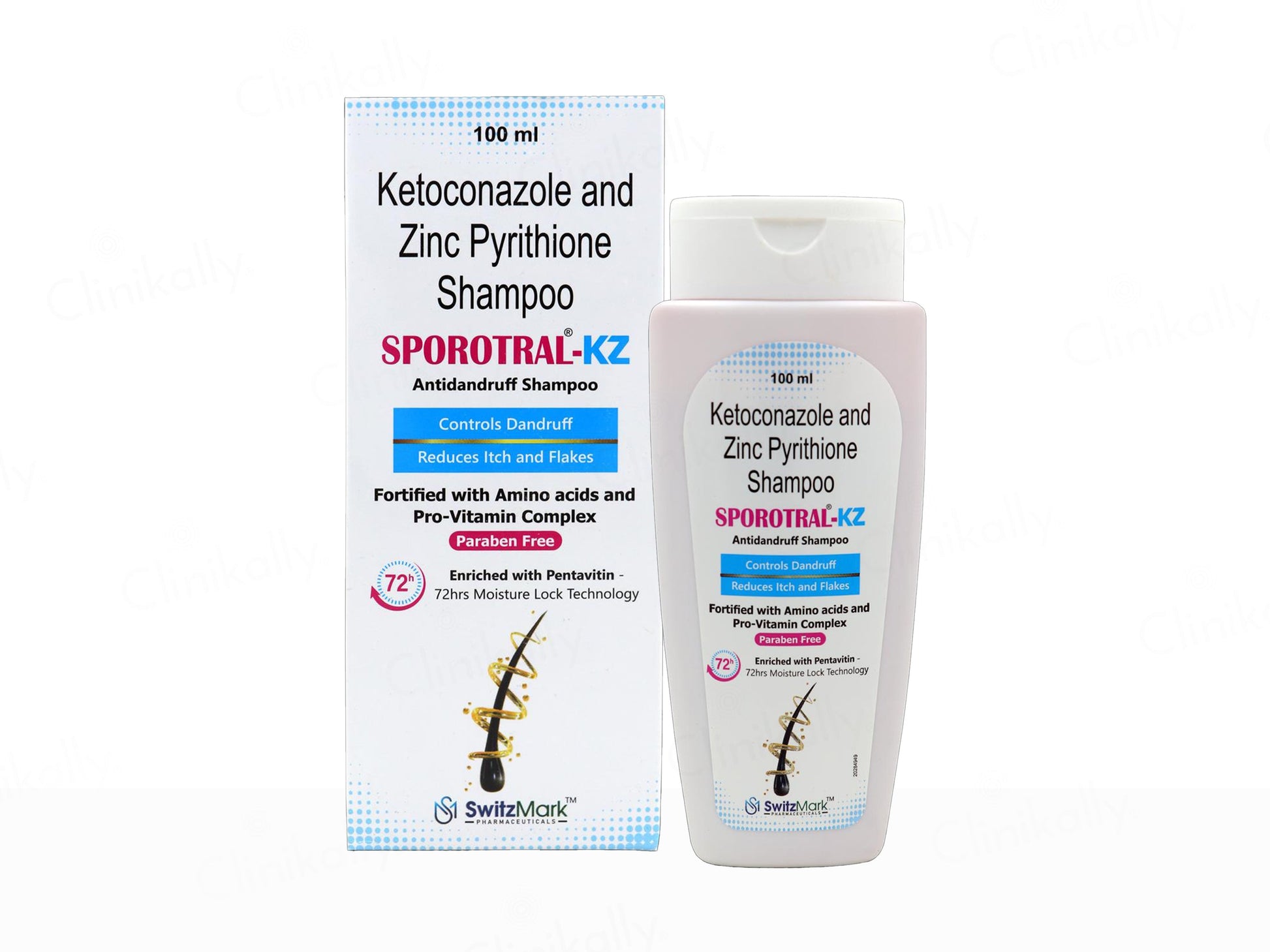 Ketoconazole and Zinc Pyrithione Shampoo SPOROTRAL-KZ packaging and bottle on a white background