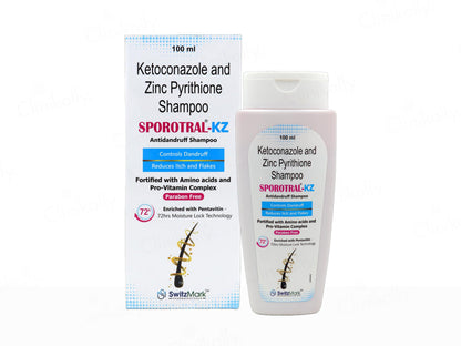 Ketoconazole and Zinc Pyrithione Shampoo SPOROTRAL-KZ packaging and bottle on a white background