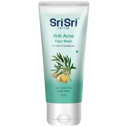 A tube of Sri Sri Tattva Anti Acne Face Wash with illustrations of tea tree oil and ginger, indicating natural ingredients.