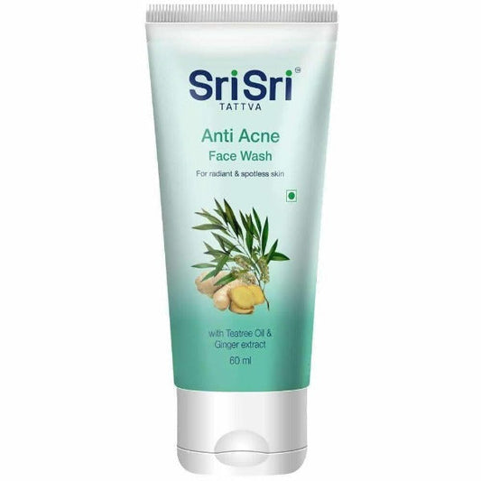 A tube of Sri Sri Tattva Anti Acne Face Wash with illustrations of tea tree oil and ginger, indicating natural ingredients.