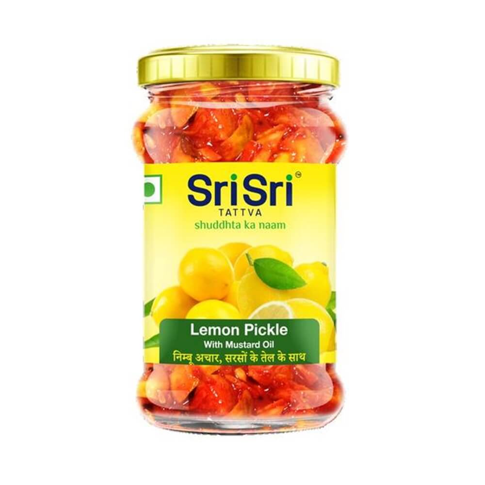 Jar of Sri Sri Tattva Lemon Pickle with Mustard Oil on a white background