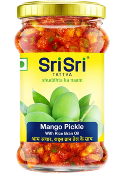 Jar of Sri Sri Tattva Mango Pickle with a yellow label