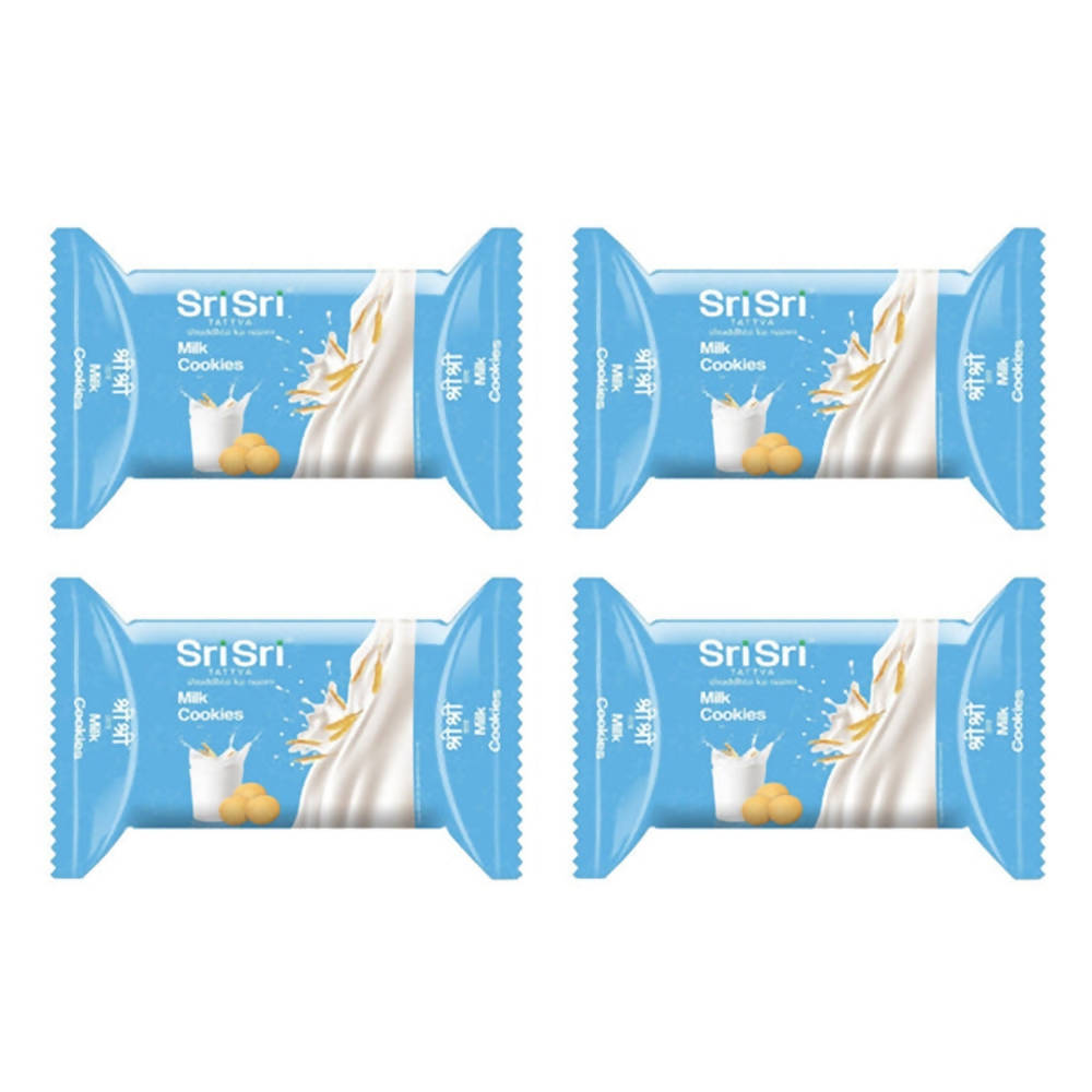 Four packages of Sri Sri Milk Cookies on a white background