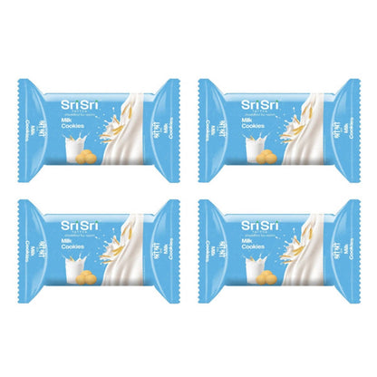 Four packages of Sri Sri Milk Cookies on a white background