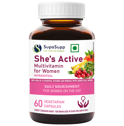 SupaSupp She's Active multivitamin for women bottle on a white background
