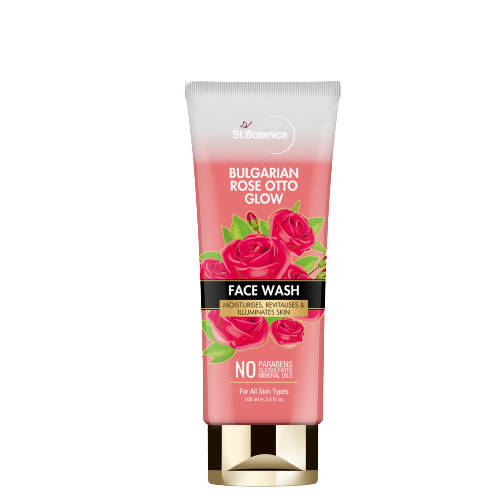 Tube of Bulgarian Rose Otto Glow Face Wash with rose design on a white background