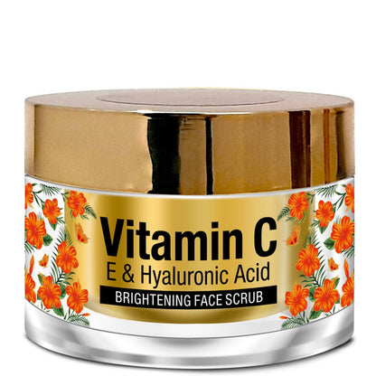 Jar of vitamin C, E, and hyaluronic acid brightening face scrub with floral design on label.